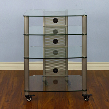 VTI NGR404SW - 4 Shelf Audio Rack with Gray Silver Poles and Clear Glass.