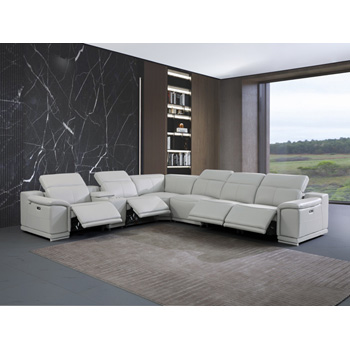 Global United 9762 Genuine Italian Leather 4-Power Reclining 7PC Sectional with 1-Console in Light Gray color.