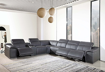Global United 9762 Dark-Grey Genuine Italian Leather 3-Power Reclining 7PC Sectional with 1-Console. 9762-GRAY-3PWR-7PC