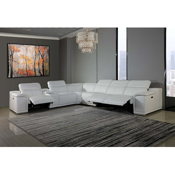 Global United Furniture 9762 White Genuine Italian Leather 3-Power Reclining 7PC Sectional with 1-Console.