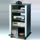 Elite EL-141S - 4-Shelf Black/Silver Audio Rack with Glass Door on Casters.