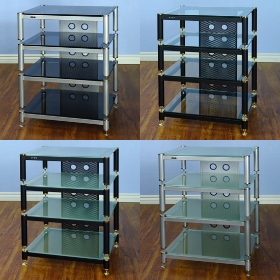 VTI BLG 404 - 4 Shelf Audio Rack TV Stand with Black Poles and Black Glass up to 27