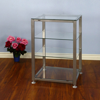 VTI EGR404 - 4 Shelf Audio Rack with Gray Silver frame and Clear Glass.