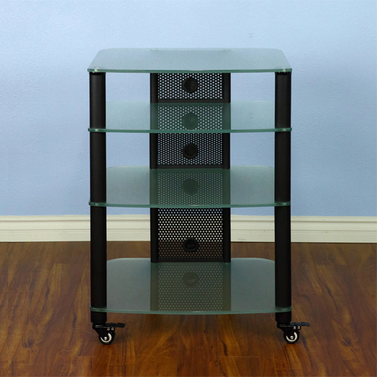 VTI NGR Series NGR404BF - 4 Shelf Audio Rack with Black Poles and Frosted Glass.