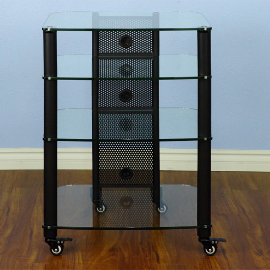 VTI NGR404BW - 4 Shelf Audio Rack with Black Poles and Clear Glass. VTI-NGR404BW