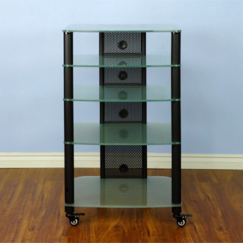 VTI NGR405BF - 5 Shelf Audio Rack with Black Poles and Frosted Glass.