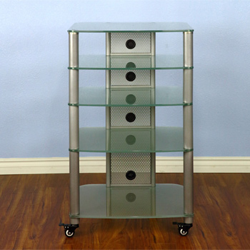 VTI NGR405BF - 5 Shelf Audio Rack with Black Poles and Frosted Glass.
