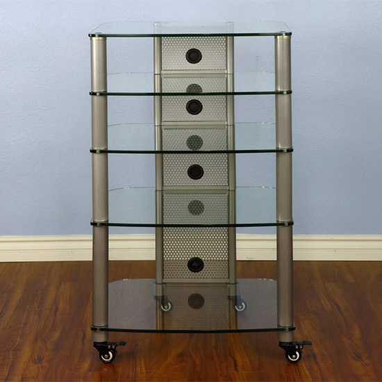 VTI NGR405SW - 5 Shelf Audio Rack with Gray Silver Poles and Clear Glass. VTI-NGR405SW