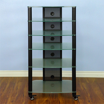 VTI NGR406SF - 6 Shelf Audio Rack with Gray Silver Poles and Frosted Glass.