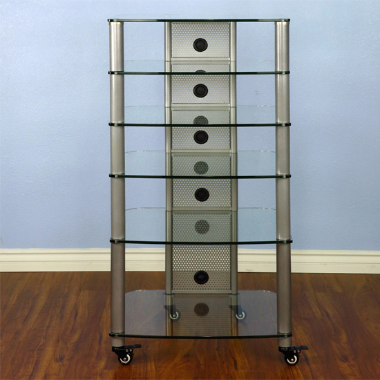 VTI NGR406SW - 6 Shelf Audio Rack with Gray Silver Poles and Clear Glass.