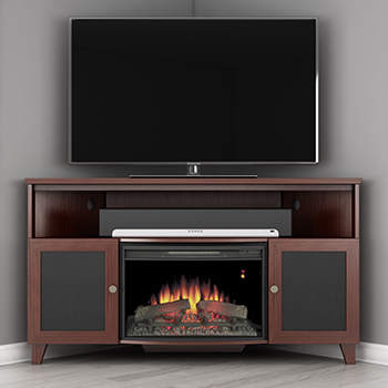 Furnitech FT61SCCFB – 61" Shaker Style TV Corner Console with 25" Electric Fireplace in Dark Cherry. Furnitech-FT61SCCFB