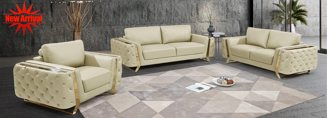 Global United 1050 Genuine Italian Leather 3PC Sofa Set in Beige color