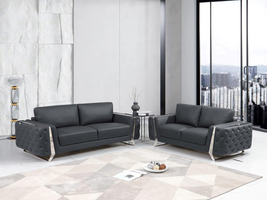 Global United 1050 Genuine Italian Leather 2PC (Sofa and Loveseat) Set in Dark Gray color.