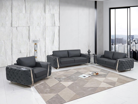 Global United 1050 Genuine Italian Leather 3PC (Sofa, Loveseat and Chair) Set in Dark Gray color.