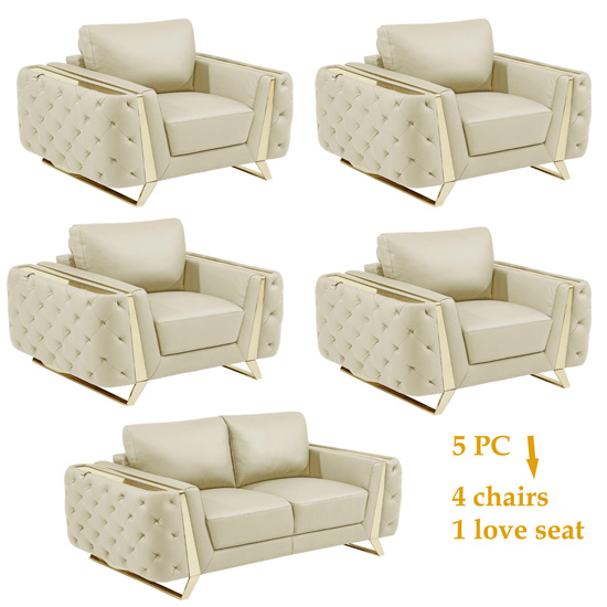 Global United 1050 Genuine Italian Leather 5PC Set (4 chairs and 1 love-seat) in Beige color.