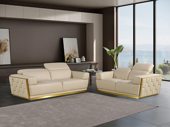 Global United Furniture 1111 Top Grain Genuine Italian Leather 2 Piece Sofa Set in Beige color. 1111-2pcs-beige