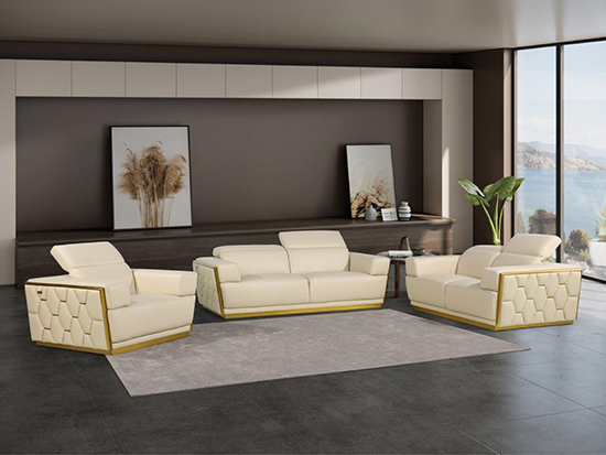 Global United Furniture 1111 Top Grain Genuine Italian Leather 3 Piece Sofa Set in Beige color.  1111-3pcs-beige