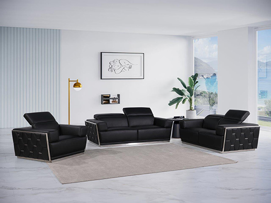 Global United Furniture 1111 Top Grain Genuine Italian Leather 3 Piece Sofa Set in Black color. 1111-3pcs-black