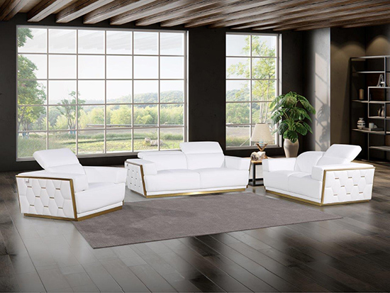 Global United Furniture 1111 Top Grain Genuine Italian Leather 3 Piece Sofa Set in White color. 1111-3pcs-white