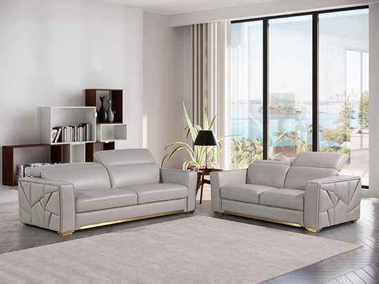 Global United Furniture 1120 Top Grain Genuine Italian Leather 2 Piece Sofa Set in Light Gray color. 1120-2pcs-light-gray