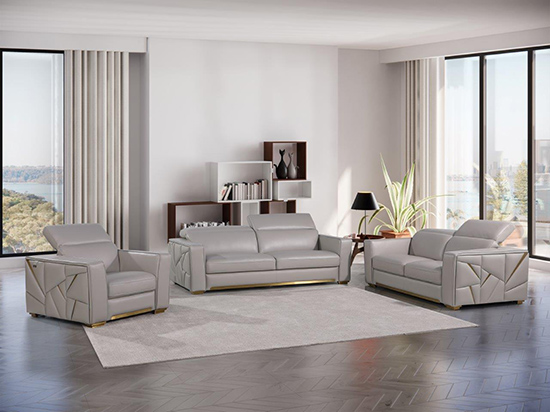 Global United Furniture 1120 Top Grain Genuine Italian Leather 3 Piece Sofa Set in Light Gray color. 1120-3pcs-light-gray