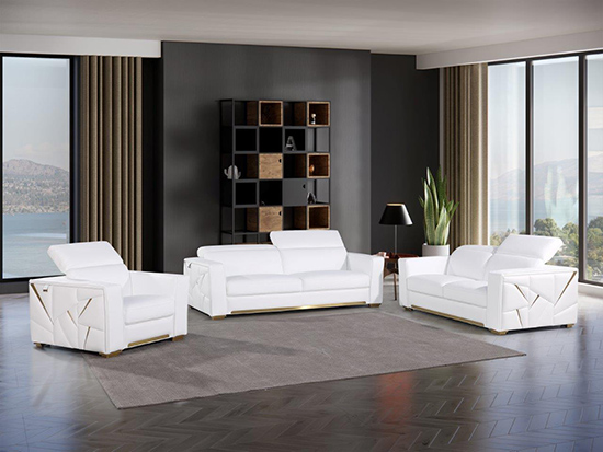Global United Furniture 1120 Top Grain Genuine Italian Leather 3 Piece Sofa Set in White color. 1120-3pcs-white
