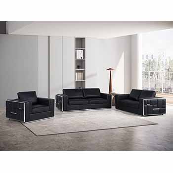Global United Furniture 1130 Genuine Italian Leather 3 Piece Sofa Set in Black color. 1130-3pcs-black