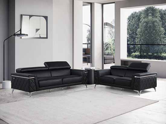 Global United Furniture 1140 Genuine Italian Leather 2 Piece Sofa Set in Black color.  1140-2pcs-black