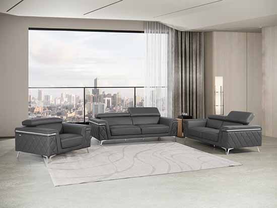 Global United Furniture 1140 Genuine Italian Leather 3 Piece Sofa Set in Dark Gray color. 1140-3pcs-dark-gray