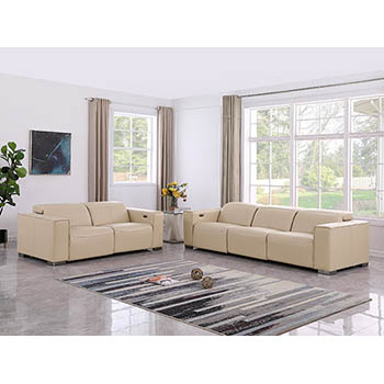 DivanItalia - Global United Furniture 1208, 5-Piece Top Grain Genuine Italian Leather Sofa & Loveseat Set with 4 Power Reclining, Power Headrests in Beige color.