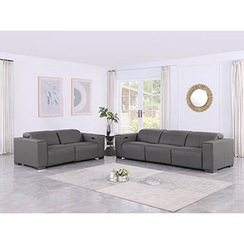 DivanItalia - Global United Furniture 1208, 5-Piece Top Grain Genuine Italian Leather Sofa & Loveseat Set with 4 Power Reclining, Power Headrests in Dark Grey color.