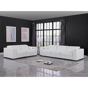 DivanItalia - Global United Furniture 1208, 5-Piece Top Grain Genuine Italian Leather Sofa & Loveseat Set with 4 Power Reclining, Power Headrests in White color.