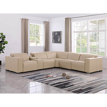DivanItalia - Global United Furniture 1208, 6-Piece Top Grain Genuine Italian Leather Sectional with 3 Power Reclining, Power Headrests and Console in Beige color.