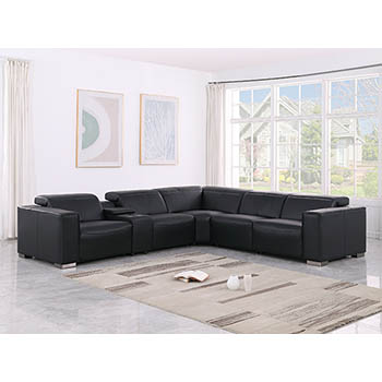 DivanItalia - Global United Furniture 1208, 6-Piece Top Grain Genuine Italian Leather Sectional with 3 Power Reclining, Power Headrests and Console in Black color.