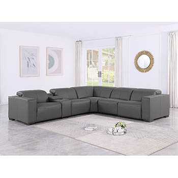 DivanItalia - Global United Furniture 1208, 6-Piece Top Grain Genuine Italian Leather Sectional with 3 Power Reclining, Power Headrests and Console in Dark Grey color.