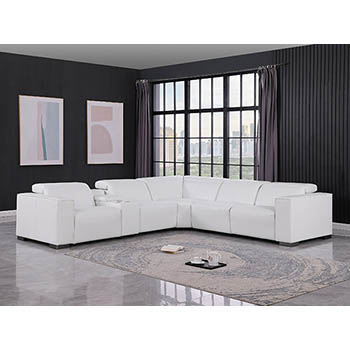 DivanItalia - Global United Furniture 1208, 6-Piece Top Grain Genuine Italian Leather Sectional with 3 Power Reclining, Power Headrests and Console in White color.