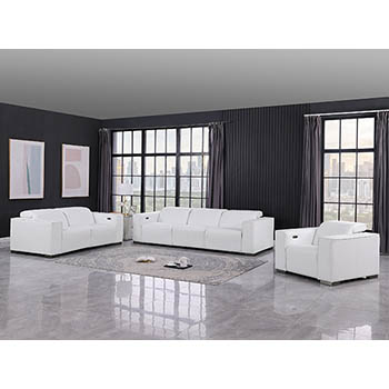 DivanItalia - Global United Furniture 1208, 6-Piece Top Grain Genuine Italian Leather Sofa, Loveseat & Chair Set with 6 Power Reclining, Power Headrests in White color.