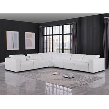 DivanItalia - Global United Furniture 1208, 7-Piece Top Grain Genuine Italian Leather Sectional with 4 Power Reclining, Power Headrests and Console in White color.