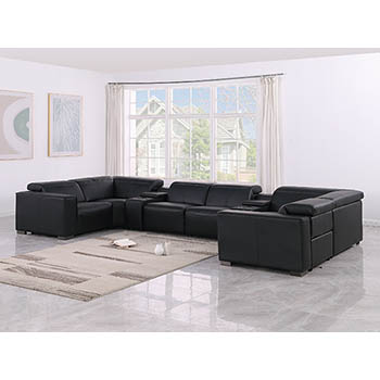 DivanItalia - Global United Furniture 1208, 8-Piece Top Grain Genuine Italian Leather Sectional with 4 Power Reclining, Power Headrests and 2 Consoles in Black color.