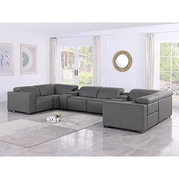 DivanItalia - Global United Furniture 1208, 8-Piece Top Grain Genuine Italian Leather Sectional with 4 Power Reclining, Power Headrests and 2 Consoles in Dark Grey color.