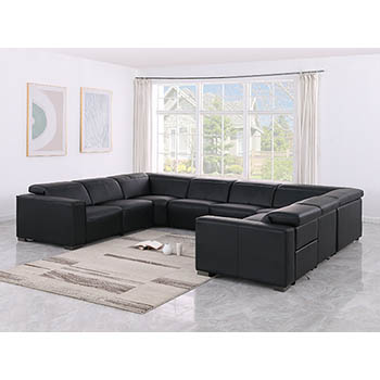 DivanItalia - Global United Furniture 1208, 8-Piece Top Grain Genuine Italian Leather Sectional with 4 Power Reclining, Power Headrests in Black color.
