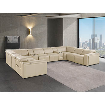 DivanItalia - Global United Furniture 1224, 10-Piece Top Grain Genuine Italian Leather Sectional with 4 Power Reclining, Power Headrests and 2 Consoles in Beige color.