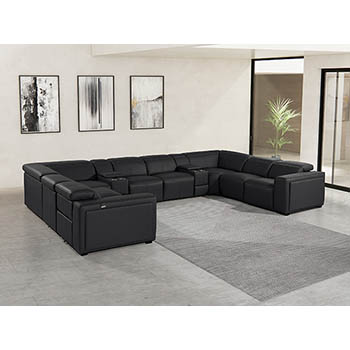 DivanItalia - Global United Furniture 1224, 10-Piece Top Grain Genuine Italian Leather Sectional with 4 Power Reclining, Power Headrests and 2 Consoles in Black color.