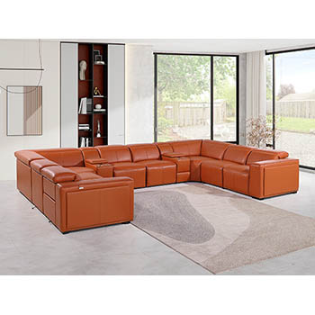 DivanItalia - Global United Furniture 1224, 10-Piece Top Grain Genuine Italian Leather Sectional with 4 Power Reclining, Power Headrests and 2 Consoles in Camel color.