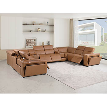 DivanItalia - Global United Furniture 1224, 10-Piece Top Grain Genuine Italian Leather Sectional with 4 Power Reclining, Power Headrests and 2 Consoles in Cognac color.