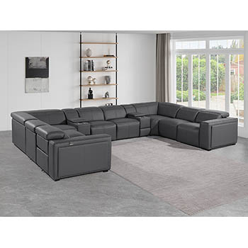 DivanItalia - Global United Furniture 1224, 10-Piece Top Grain Genuine Italian Leather Sectional with 4 Power Reclining, Power Headrests and 2 Consoles in Dark Grey color.