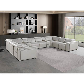 DivanItalia - Global United Furniture 1224, 10-Piece Top Grain Genuine Italian Leather Sectional with 4 Power Reclining, Power Headrests and 2 Consoles in Light Grey color.