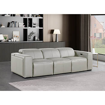 DivanItalia - Global United Furniture 1224, 3-Piece Top Grain Genuine Italian Leather Sofa with Triple Power Reclining and Power Headrests in Light Grey color.