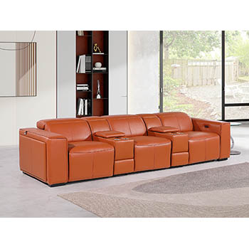 DivanItalia - Global United Furniture 1224, 5-Piece Top Grain Genuine Italian Leather Sofa with Triple Power Reclining, Power Headrests and Consoles in Camel color.