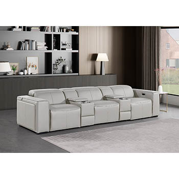 DivanItalia - Global United Furniture 1224, 5-Piece Top Grain Genuine Italian Leather Sofa with Triple Power Reclining, Power Headrests and Consoles in Light Grey color.